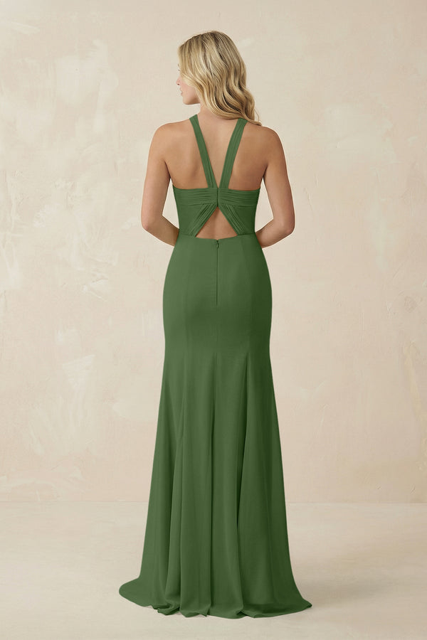 Halter Chiffon Mermaid Ruched Bridesmaid Dress in Moss - SHE IS ME Bridesmaid Dresses