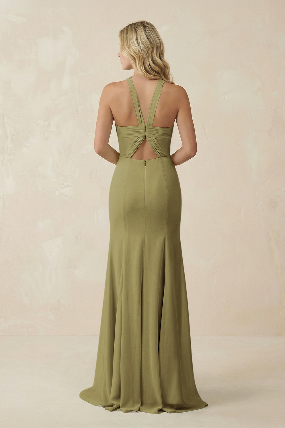 Halter Chiffon Mermaid Ruched Bridesmaid Dress in Moss Green