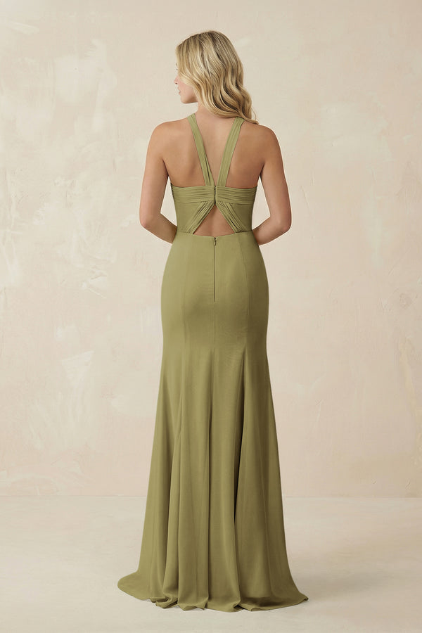 Halter Chiffon Mermaid Ruched Bridesmaid Dress in Moss Green (2) | KISSBRIDAL
