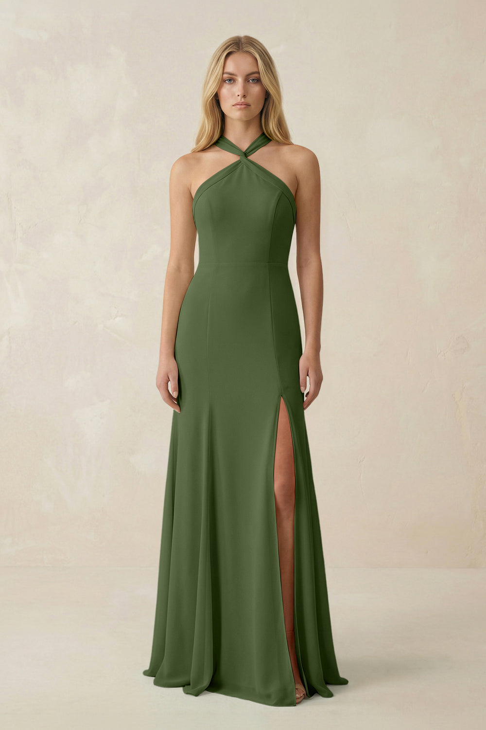 Halter Chiffon Mermaid Ruched Bridesmaid Dress in Moss