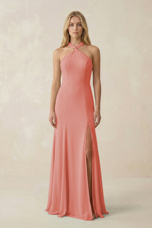 Halter Chiffon Mermaid Ruched Bridesmaid Dress in Mulberry - SHE IS ME Bridesmaid Dresses