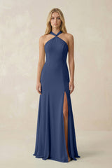 Halter Chiffon Mermaid Ruched Bridesmaid Dress in Navy - KISS BRIDAL Bridesmaid Dresses
