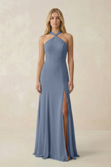 Halter Chiffon Mermaid Ruched Bridesmaid Dress in Neptune - KISS BRIDAL Bridesmaid Dresses