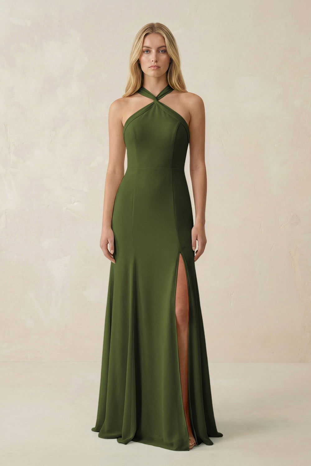 Halter Chiffon Mermaid Ruched Bridesmaid Dress in Olive - SHE IS ME Bridesmaid Dresses