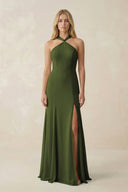 Halter Chiffon Mermaid Ruched Bridesmaid Dress in Olive - SHE IS ME Bridesmaid Dresses