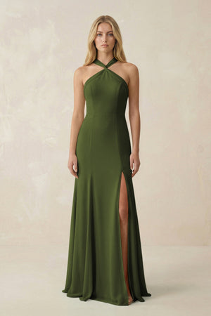 Halter Chiffon Mermaid Ruched Bridesmaid Dress in Olive - SHE IS ME Bridesmaid Dresses