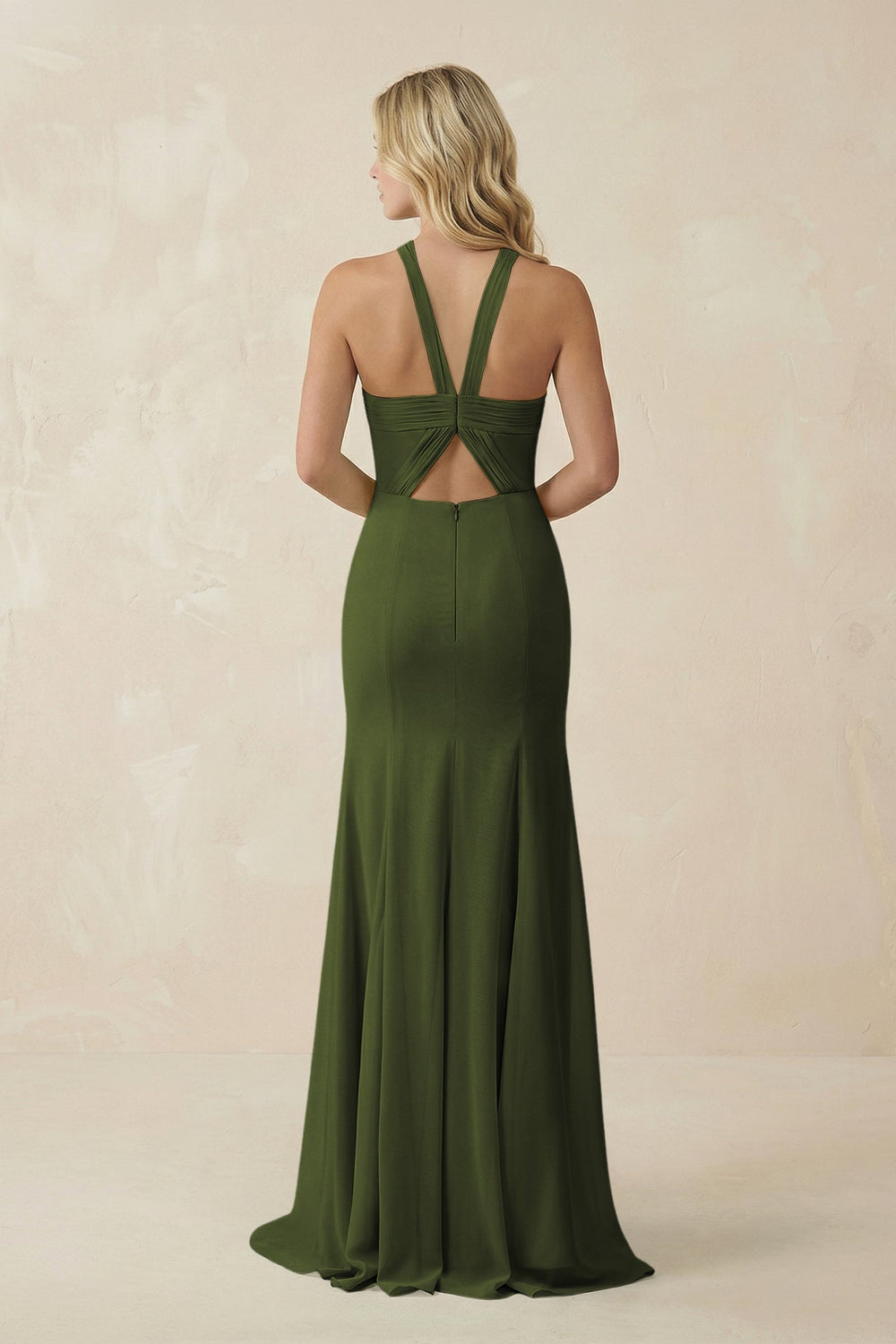 Halter Chiffon Mermaid Ruched Bridesmaid Dress in Olive - SHE IS ME Bridesmaid Dresses