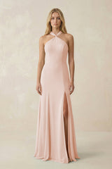 Halter Chiffon Mermaid Ruched Bridesmaid Dress in Pale Blush - KISS BRIDAL Bridesmaid Dresses