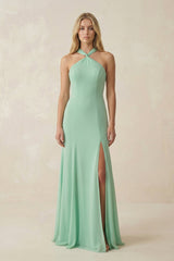 Halter Chiffon Mermaid Ruched Bridesmaid Dress in Pale Pistachio - KISS BRIDAL BRIDESMAID DRESSES