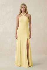 Halter Chiffon Mermaid Ruched Bridesmaid Dress in Pastel Yellow - KISS BRIDAL Bridesmaid Dresses