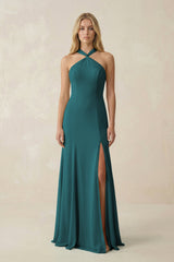 Halter Chiffon Mermaid Ruched Bridesmaid Dress in Pine - KISS BRIDAL Bridesmaid Dresses