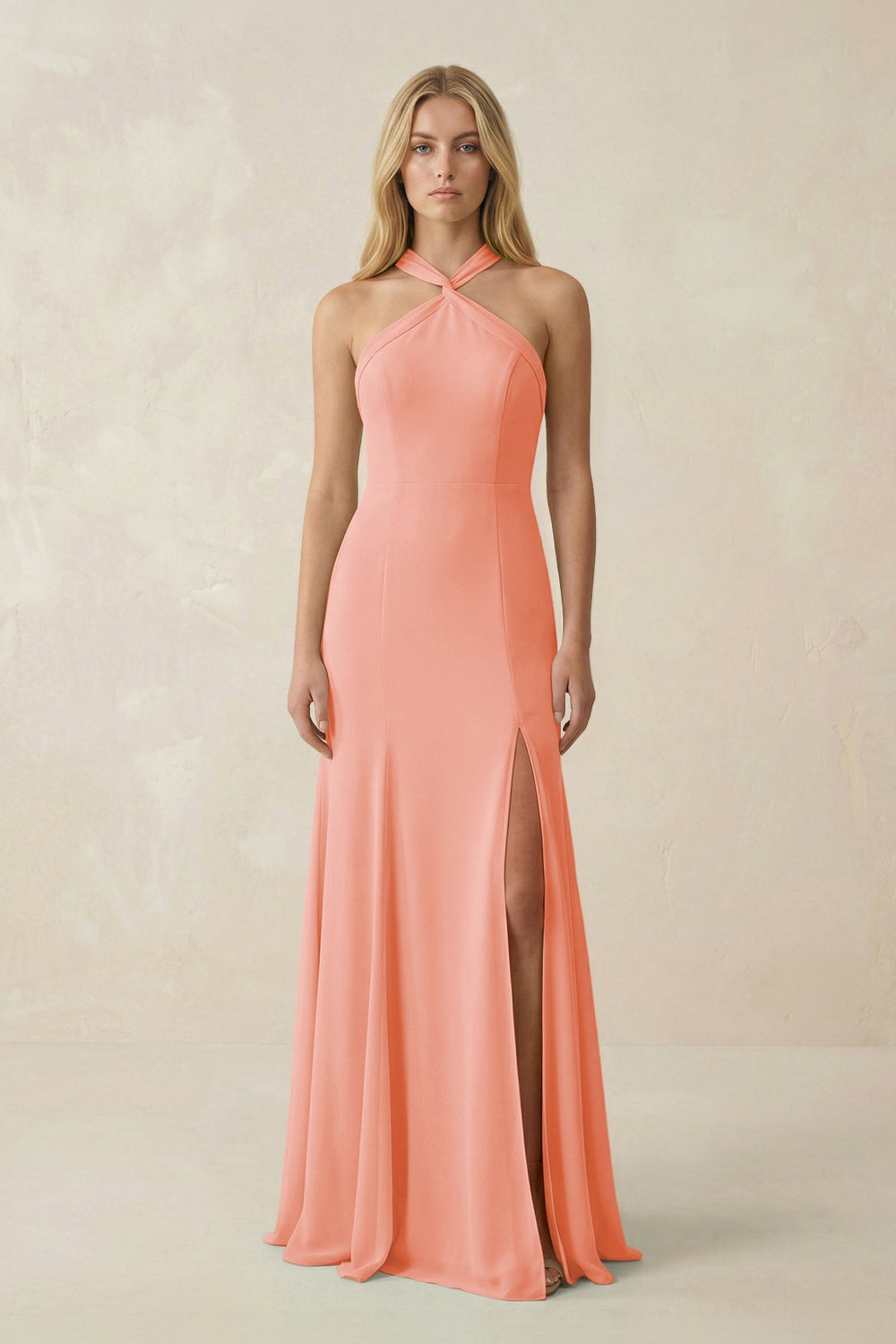Halter Chiffon Mermaid Ruched Bridesmaid Dress in Rosette - SHE IS ME Bridesmaid Dresses