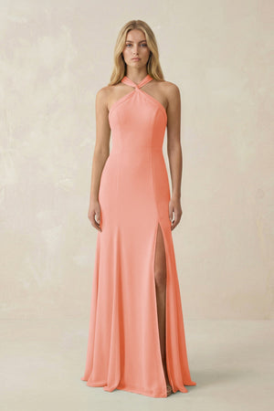 Halter Chiffon Mermaid Ruched Bridesmaid Dress in Rosette - SHE IS ME Bridesmaid Dresses