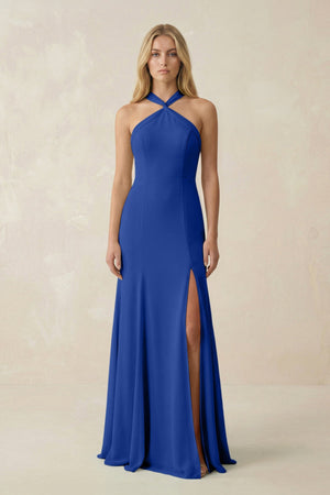 Halter Chiffon Mermaid Ruched Bridesmaid Dress in Royal Blue - SHE IS ME Bridesmaid Dresses