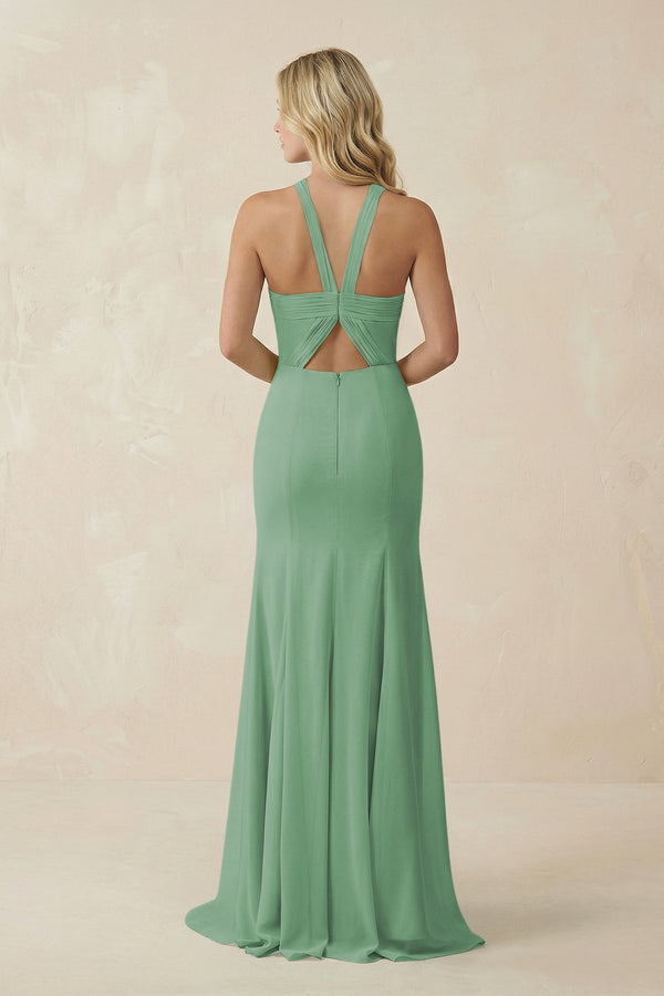 Halter Chiffon Mermaid Ruched Bridesmaid Dress in Sea Glass - SHE IS ME Bridesmaid Dresses