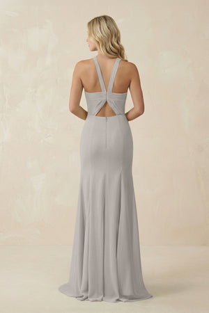 Halter Chiffon Mermaid Ruched Bridesmaid Dress in Silver - SHE IS ME Bridesmaid Dresses