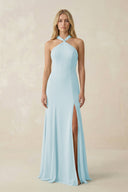 Halter Chiffon Mermaid Ruched Bridesmaid Dress in Sky Blue - SHE IS ME Bridesmaid Dresses