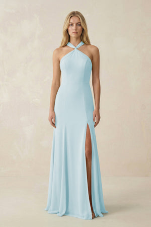 Halter Chiffon Mermaid Ruched Bridesmaid Dress in Sky Blue - SHE IS ME Bridesmaid Dresses