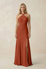 Halter Chiffon Mermaid Ruched Bridesmaid Dress in Spice - KISS BRIDAL Bridesmaid Dresses