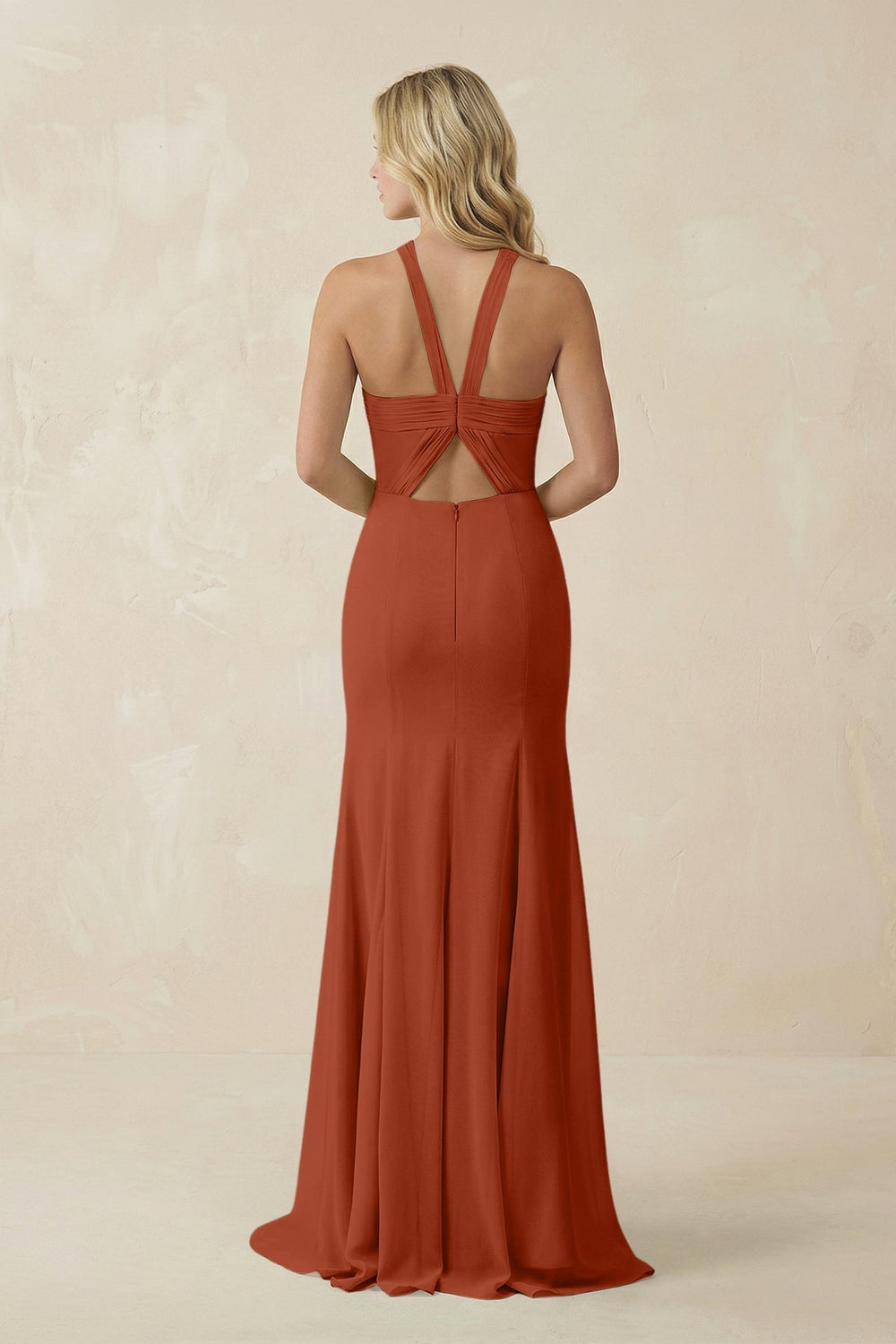 Halter Chiffon Mermaid Ruched Bridesmaid Dress in Spice - SHE IS ME Bridesmaid Dresses