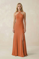 Halter Chiffon Mermaid Ruched Bridesmaid Dress in Terracotta - SHE IS ME Bridesmaid Dresses