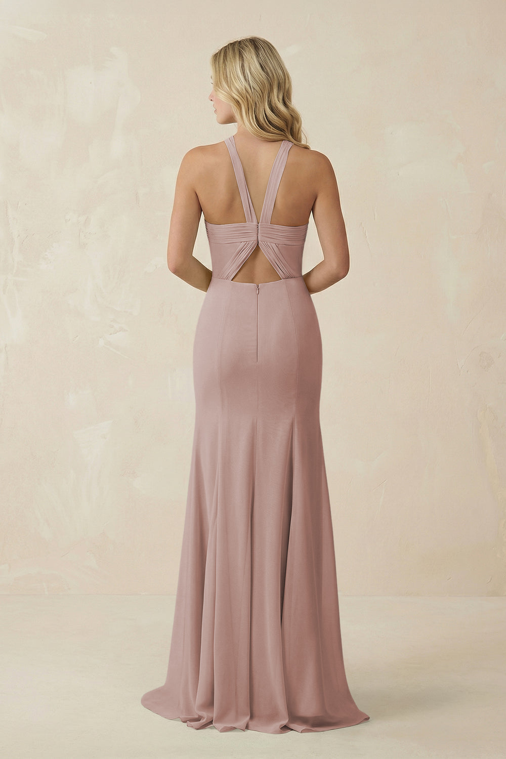 Halter Chiffon Mermaid Ruched Bridesmaid Dress in Toffee