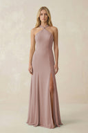 Halter Chiffon Mermaid Ruched Bridesmaid Dress in Toffee | KISSBRIDAL