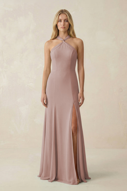 Halter Chiffon Mermaid Ruched Bridesmaid Dress in Toffee | KISSBRIDAL