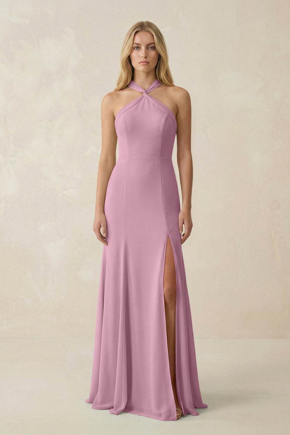 Halter Chiffon Mermaid Ruched Bridesmaid Dress in Vintage Mauve - SHE IS ME Bridesmaid Dresses