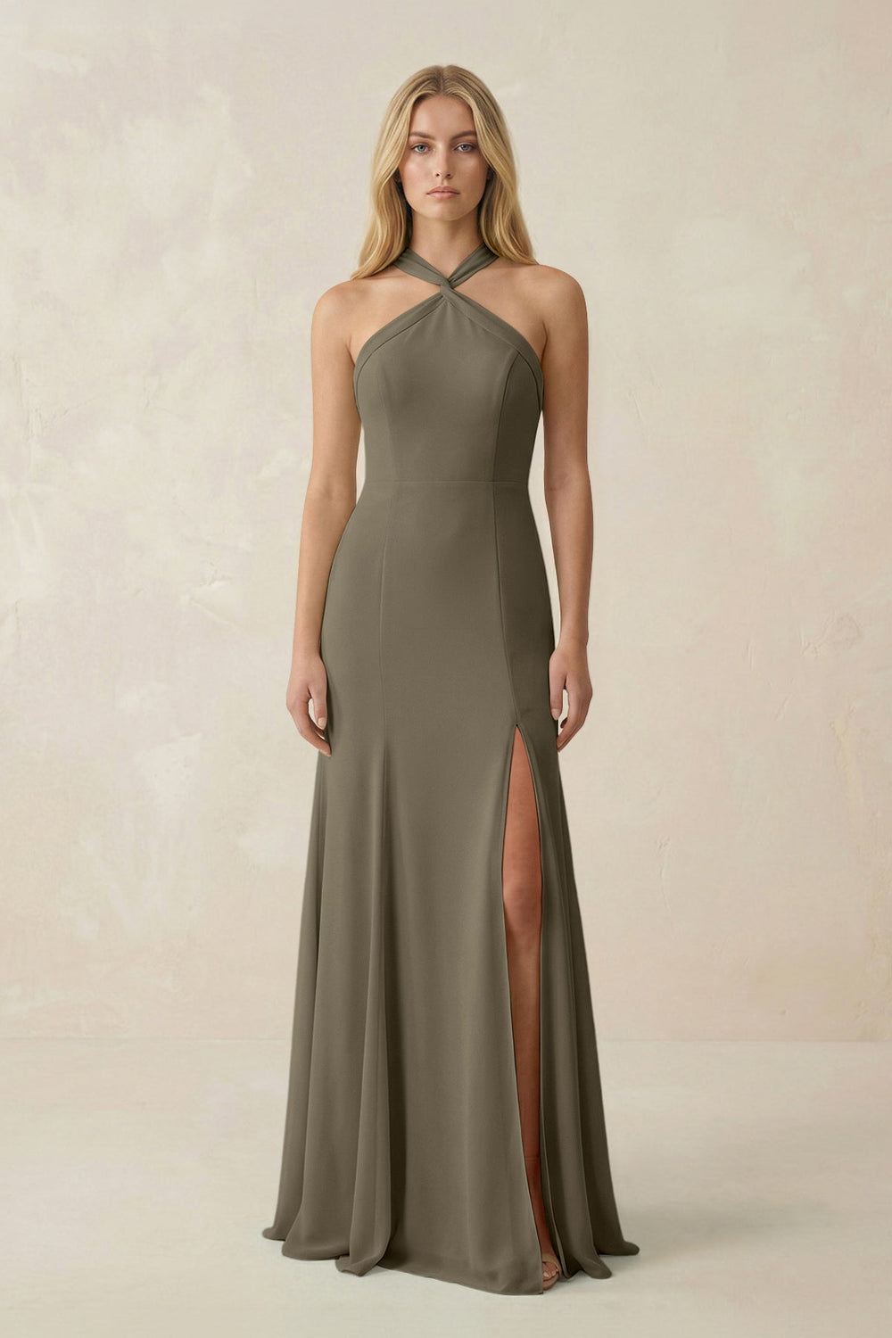 Halter Chiffon Mermaid Ruched Bridesmaid Dress in Willow Green - SHE IS ME Bridesmaid Dresses