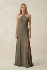 Halter Chiffon Mermaid Ruched Bridesmaid Dress in Willow Green - KISS BRIDAL Bridesmaid Dresses