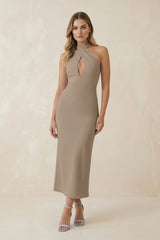 Halter Cut - Out Sheath Satin Midi Bridesmaid Dress in Almond - KISS BRIDAL Bridesmaid Dresses