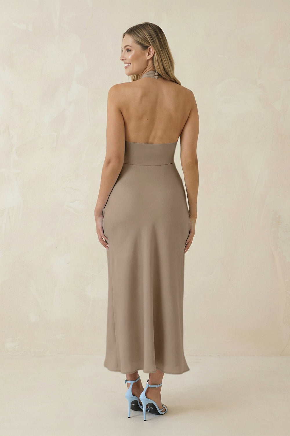Halter Cut - Out Sheath Satin Midi Bridesmaid Dress in Almond - SHE IS ME Bridesmaid Dresses