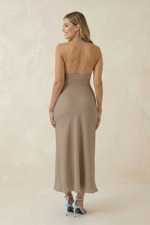 Halter Cut - Out Sheath Satin Midi Bridesmaid Dress in Almond - KISS BRIDAL Bridesmaid Dresses