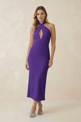Halter Cut - Out Sheath Satin Midi Bridesmaid Dress in Amethyst - KISS BRIDAL Bridesmaid Dresses