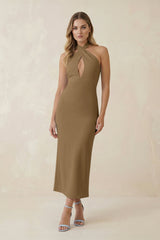 Halter Cut - Out Sheath Satin Midi Bridesmaid Dress in Apple Cinnamon - KISS BRIDAL Bridesmaid Dresses