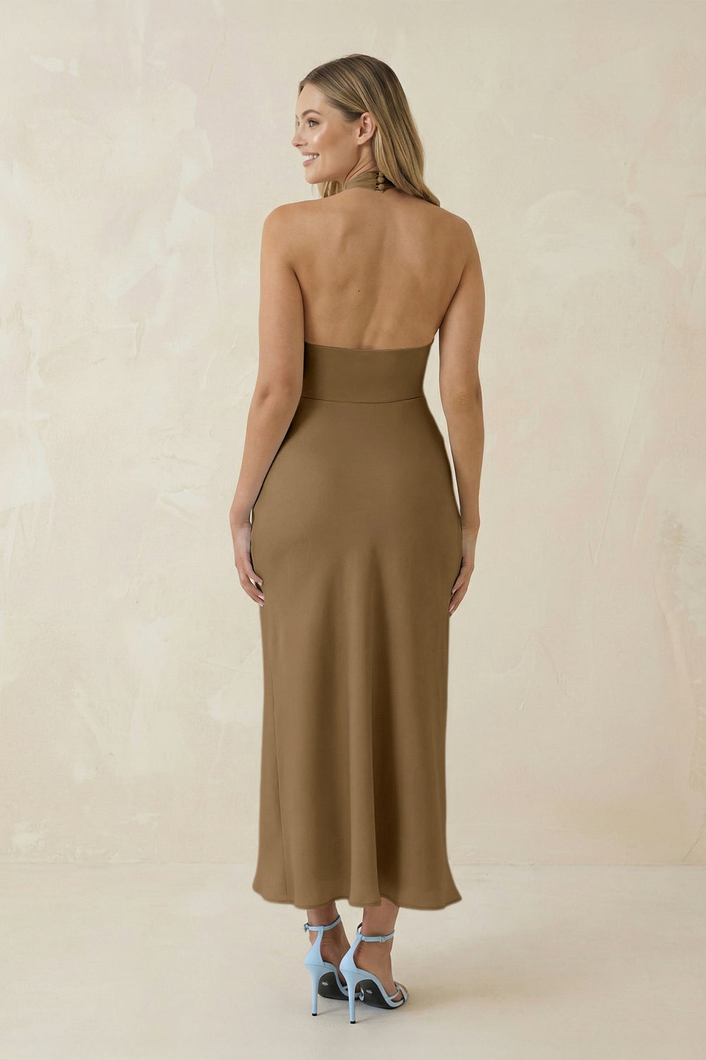 Halter Cut - Out Sheath Satin Midi Bridesmaid Dress in Apple Cinnamon - SHE IS ME Bridesmaid Dresses