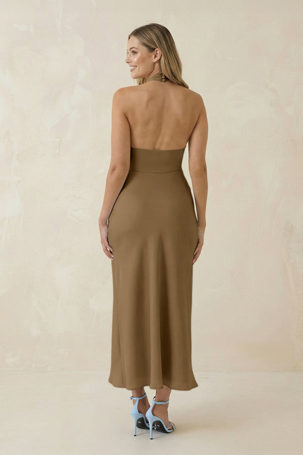 Halter Cut - Out Sheath Satin Midi Bridesmaid Dress in Apple Cinnamon - KISS BRIDAL Bridesmaid Dresses