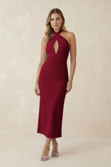 Halter Cut - Out Sheath Satin Midi Bridesmaid Dress in Berry - KISS BRIDAL Bridesmaid Dresses