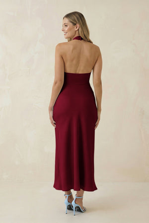 Halter Cut - Out Sheath Satin Midi Bridesmaid Dress in Berry - KISS BRIDAL Bridesmaid Dresses