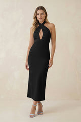 Halter Cut - Out Sheath Satin Midi Bridesmaid Dress in Black - KISS BRIDAL Bridesmaid Dresses