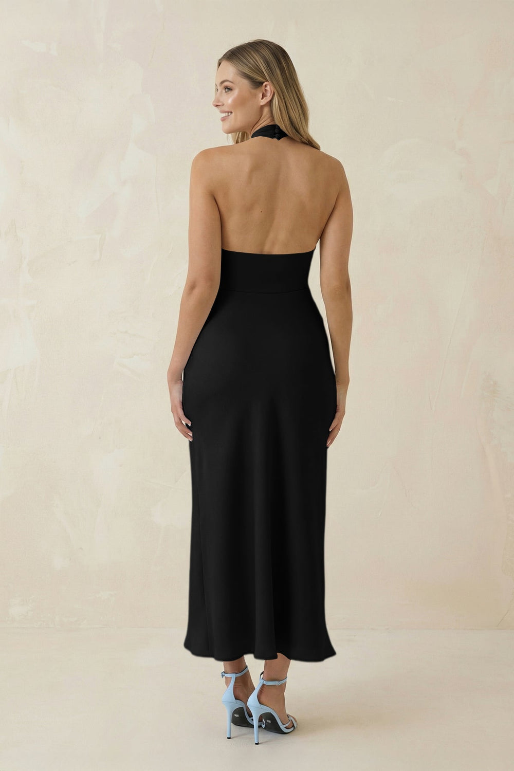 Halter Cut - Out Sheath Satin Midi Bridesmaid Dress in Black - SHE IS ME Bridesmaid Dresses