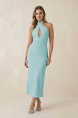 Halter Cut - Out Sheath Satin Midi Bridesmaid Dress in Bleached Aqua - KISS BRIDAL Bridesmaid Dresses