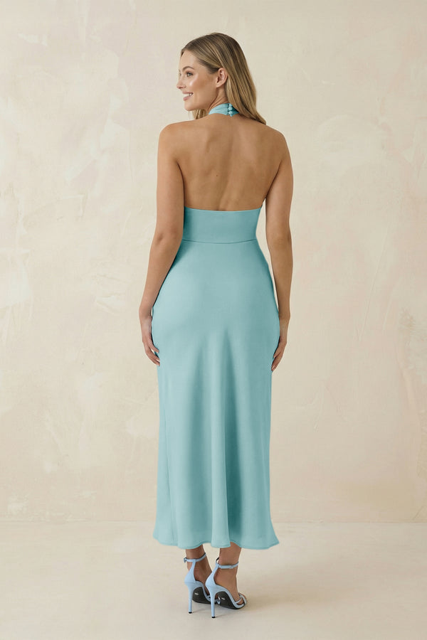 Halter Cut - Out Sheath Satin Midi Bridesmaid Dress in Bleached Aqua - KISS BRIDAL Bridesmaid Dresses
