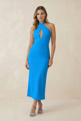 Halter Cut - Out Sheath Satin Midi Bridesmaid Dress in Blue Jay - KISS BRIDAL Bridesmaid Dresses