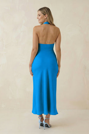 Halter Cut - Out Sheath Satin Midi Bridesmaid Dress in Blue Jay - KISS BRIDAL Bridesmaid Dresses