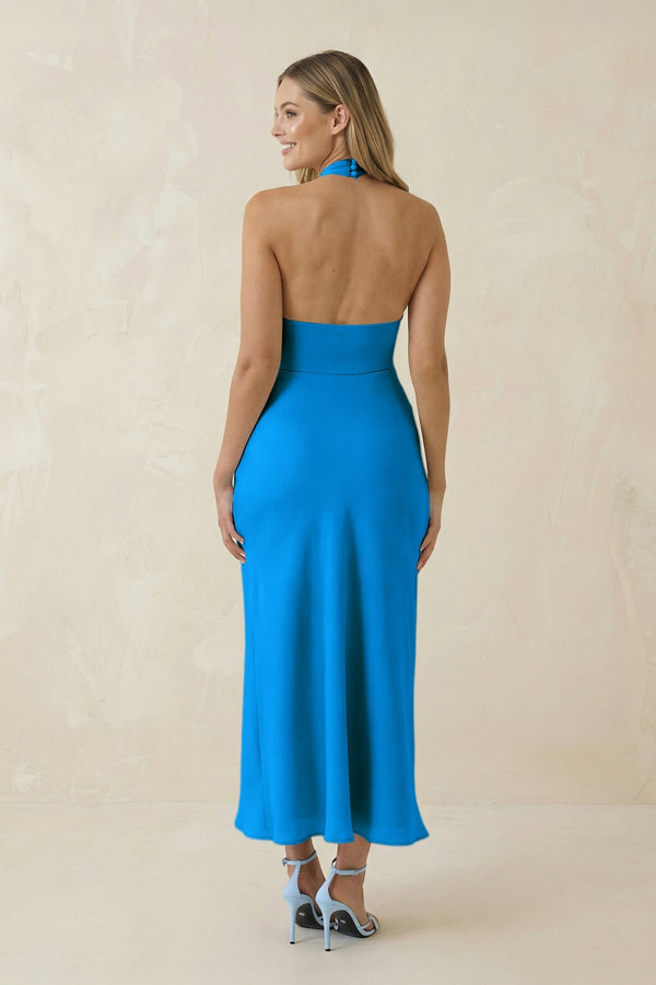 Halter Cut - Out Sheath Satin Midi Bridesmaid Dress in Blue Jay - KISS BRIDAL Bridesmaid Dresses