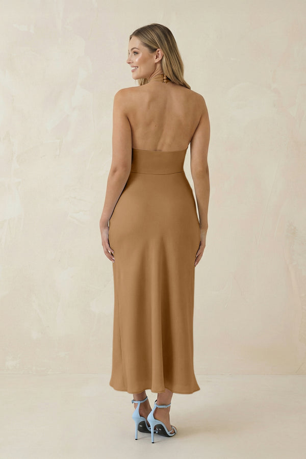 Halter Cut - Out Sheath Satin Midi Bridesmaid Dress in Bronzer - KISS BRIDAL Bridesmaid Dresses