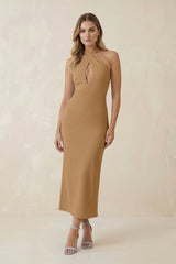 Halter Cut - Out Sheath Satin Midi Bridesmaid Dress in Bronzer - KISS BRIDAL Bridesmaid Dresses