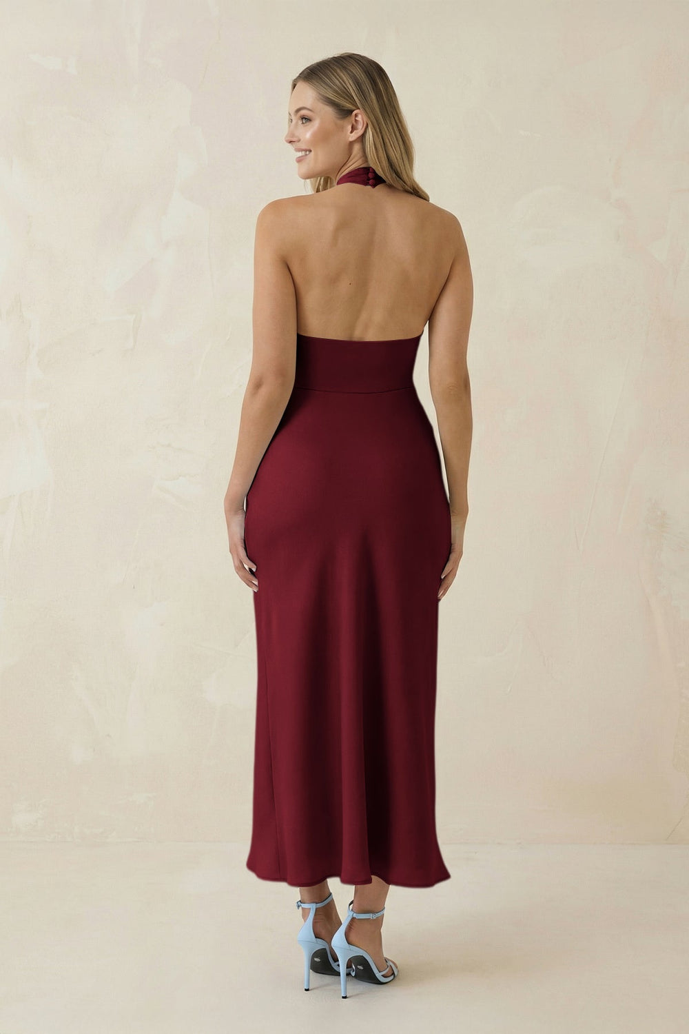 Halter Cut - Out Sheath Satin Midi Bridesmaid Dress in Burgundy - KISS BRIDAL Bridesmaid Dresses